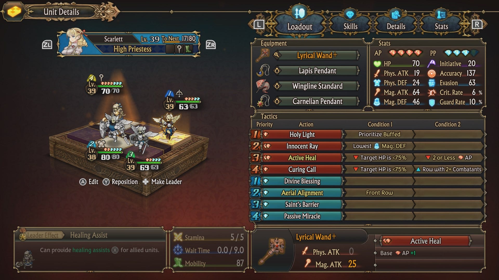 the tactics screen for the character Scarlett; she has eight different actions, and for each you can define up to two conditions for when they are used, including enemy or ally condition, stats, health, and relative position